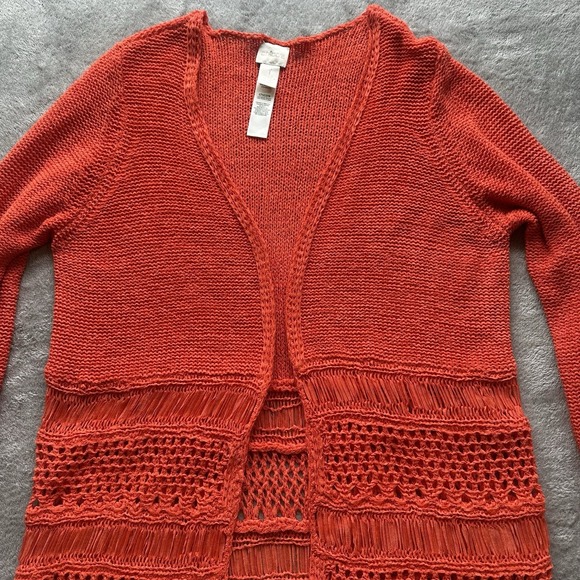 Chico's Open Knit Fringe Hem Cardigan Orange Boho Festival Crochet Layering Sz 1 - Picture 9 of 11